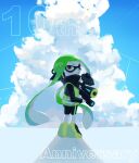  1girl agent_3_(splatoon) anniversary bike_shorts blue_sky cloud commentary_request cumulonimbus_cloud english_commentary green_hair gun hero_shot_(splatoon_1) high-visibility_clothing high-visibility_vest holding holding_gun holding_weapon inkling long_hair mixed-language_commentary ramupi_122 sky solo splatoon_(series) splatoon_1 tentacle_hair very_long_hair weapon 