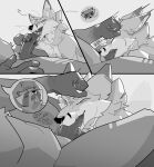 absurd_res anthro bodily_fluids canid canine claws comic embarrassed eyes_closed fellatio fox gag genitals gloves_(marking) grabbing_head greyscale heart_symbol hi_res kasa_(hat) looking_pleasured male male/male mammal markings monochrome onomatopoeia oral oral_penetration penetration penile penile_penetration penis penis_on_tongue raccoon_dog saliva saliva_string servali_sketch sex slightly_chubby solo_focus sound_effects tanuki tears text