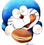  2020 anthro blue_body blue_fur domestic_cat doraemon doraemon_(character) dorayaki felid feline felis food fur head_tilt licking licking_lips looking_at_food looking_at_object machine male mammal mt_tg open_mouth red_nose robot shaded simple_background solo tongue tongue_out whiskers white_background white_body white_fur 