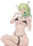  1girl absurdres antlers bikini branch breasts cellphone ceres_fauna chain chyraliss cleavage covered_nipples green_hair green_nails hand_up highres hololive hololive_english large_breasts looking_at_viewer micro_bikini navel open_mouth phone signature simple_background smartphone solo strap_pull swimsuit thigh_strap underboob virtual_youtuber white_background yellow_eyes 