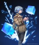  1boy blue_hair closed_mouth english_text floating floating_object hair_between_eyes hero_cantare highres khun_aguero_agnis long_sleeves looking_at_viewer looking_back official_art simple_background smile standing tower_of_god trench_coat yagaaaa 