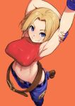 1girl arm_behind_head arm_up armpits ash_yokoshima bangs belt blonde_hair blue_eyes blue_gloves blue_mary blush breasts brown_footwear closed_mouth covered_nipples denim fatal_fury fingerless_gloves from_above gloves jeans large_breasts looking_at_viewer midriff navel no_bra orange_background pants parted_bangs red_shirt shirt short_hair simple_background sleeveless sleeveless_shirt smile solo sweat tank_top the_king_of_fighters 