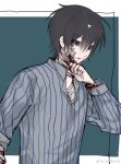  1boy alternate_universe bags_under_eyes bandaged_arm bandaged_chest bandaged_neck bandages bandaid bandaid_on_cheek bandaid_on_face black_eyes black_hair bleeding blood blood_on_arm blood_on_bandages blood_on_clothes blood_on_face blood_on_hands blood_on_neck blue_background bruise bruise_on_face bruise_on_neck closed_mouth collared_shirt cuts dao_gui_yi_xian earrings grey_shirt hair_between_eyes hand_up highres hospital_gown injury jewelry li_huowang li_huowang_(modern_world) long_sleeves male_focus official_alternate_costume official_alternate_hair_length official_alternate_hairstyle parted_lips shigelaogutoukongle shirt short_hair simple_background sleeves_rolled_up solo striped_clothes striped_shirt upper_body vertical-striped_clothes vertical-striped_shirt watermark weibo_watermark 
