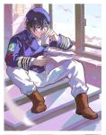  1boy animal ascot beret bird blue_eyes blue_hair blue_hat blue_jacket boots brown_boots collared_jacket cup day drinking erhuazi917 free_planets_alliance full_body ginga_eiyuu_densetsu hair_between_eyes hand_up hat holding holding_cup holding_paper jacket long_sleeves male_focus military_rank_insignia military_uniform pants pants_tucked_in paper patch short_hair shoulder_patch sitting sitting_on_stairs solo spread_legs stairs tile_wall tiles white_ascot white_pants window yang_wen-li 