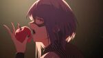  1girl absurdres amoris_(bang_dream!) apple bang_dream! bang_dream!_it&#039;s_mygo!!!!! earrings eating food fruit gradient_background highres holding holding_food holding_fruit jewelry mask masquerade_mask open_mouth profile purple_hair radial_gradient_background red_eyes shirt shitsugaikotsu short_hair single_earring striped_clothes striped_shirt yuutenji_nyamu 