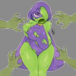 big_breasts bodily_fluids breasts cape clothing disembodied_hand domino_mask electronic_arts elemental_creature elemental_humanoid eyelashes eyemask eyewear female flora_fauna front_view green_body green_shadow grey_background hair hair_over_eye hi_res holding_breast huge_breasts humanoid katoneko leaf leaf_hair leotard looking_at_viewer mask peashooter_(pvz) plant plant_hair plant_humanoid plants_vs._zombies plants_vs._zombies_heroes popcap_games pseudo_hair purple_cape purple_clothing purple_eyes purple_hood purple_leotard simple_background siphon_(anatomy) solo sweat sweatdrop thick_thighs thigh_gap torn_clothing torn_leotard wide_hips