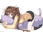  1girl all_fours aroused black_skirt black_socks blush body_pillow braid breast_press breasts brocon brown_eyes brown_hair cardigan cat-shaped_pillow crotch_rub female_masturbation female_pervert frown hair_intakes hair_ornament hair_ribbon hugging_object imouto_no_seiiki implied_incest kneehighs large_breasts long_hair long_sleeves looking_ahead masturbation miniskirt nase_yukana no_shoes nose_blush paint_chat_(medium) pervert pillow pillow_hug pillow_humping plantar_flexion pleated_skirt ribbon school_uniform shiny_skin side_ahoge simple_background skirt sleeves_past_wrists socks solo stuffed_animal stuffed_cat stuffed_toy takepoison translation_request tress_ribbon twintails twintails_with_braided_base white_background white_ribbon winter_uniform x_hair_ornament yellow_cardigan 