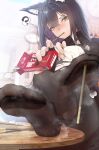  1girl ? absurdres animal_ear_fluff animal_ears arknights between_toes black_hair black_pantyhose blurry blurry_background colored_inner_hair crossed_ankles crossed_bangs eyelashes feet feet_on_table feet_up food foot_focus foreshortening full_body hair_between_eyes highres holding holding_with_feet long_hair long_sleeves looking_at_viewer mouth_hold multicolored_hair no_shoes nokchamint orange_eyes pantyhose pocky purple_hair sidelocks sitting smell soles solo spoken_question_mark steaming_body sweaty_foot texas_(arknights) thighs toe_seam toenails toes torn_clothes torn_pantyhose 