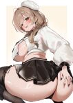  1girl absurdres ahoge areola_slip ass beret black_nails black_neckerchief black_panties black_skirt black_thighhighs blush border bready_(nikke) breasts brown_eyes brown_hair closed_mouth crop_top crop_top_overhang cropped_shirt curvy deep_skin feet_out_of_frame from_behind from_below goddess_of_victory:_nikke gradient_background hair_intakes hair_over_shoulder hand_on_own_ass hat highres large_breasts long_bangs long_hair long_sleeves looking_at_viewer looking_down low_twintails microskirt mons_pubis nail_polish neckerchief no_bra panties parted_bangs pleated_skirt plump presenting presenting_ass puffy_long_sleeves puffy_sleeves raised_inner_eyebrows ramune_ramune shiny_skin shirt sideboob skirt solo squatting sweat thick_thighs thighhighs thighs tongue tongue_out turning_head twintails unbuttoned underboob underwear white_border white_hat white_shirt wide_hips yellow_background zettai_ryouiki 
