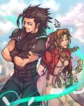  1boy 1girl 2023 absurdres aerith_gainsborough arm_behind_back armor bangle basket belt black_hair black_pants black_sweater blue_eyes blue_sky bracelet braid braided_ponytail breasts brown_gloves brown_hair cloud cloudy_sky crisis_core_final_fantasy_vii cross_scar dress earrings english_commentary falling_feathers feathers feet_out_of_frame final_fantasy final_fantasy_vii final_fantasy_vii_remake flower flower_basket gloves green_eyes hair_ribbon height_difference highres holding holding_basket jacket jewelry lifestream long_hair multiple_belts one_eye_closed open_clothes open_jacket outdoors pants parted_bangs parted_lips piccolourme pink_dress pink_ribbon ponytail red_jacket ribbon scar scar_on_cheek scar_on_face shoulder_armor sky sleeveless sleeveless_turtleneck small_breasts smile spiked_hair stud_earrings sweater turtleneck turtleneck_sweater white_feathers yellow_flower zack_fair 