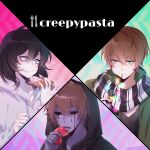  3boys 779762391_(lofter) aegyo_sal ahoge androgynous black_blood black_hair black_hoodie black_nails black_scarf black_shirt blood blood_from_eyes blue_background blue_eyes brothers brown_hair cannibalism chinese_commentary christmas_lights clenched_hand coat collarbone collared_coat colored_skin commentary_request copyright_name creepypasta double-parted_bangs drawstring eating eyeless_jack fingernails food food_on_face fork green_background green_coat green_eyes grey_skin hair_between_eyes highres holding holding_food holding_fork holding_organ hollow_eyes homicidal_liu hood hood_down hood_up hoodie jeff_the_killer kidney knife looking_at_food male_focus medium_hair multiple_boys nail_polish open_clothes open_coat pink_background raised_eyebrow scarf shirt short_hair siblings simple_background stitched_face stitched_mouth stitches striped_clothes striped_scarf two-tone_scarf upper_body vertical-striped_clothes vertical-striped_scarf white_hoodie white_scarf white_skin 
