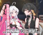  2girls ahoge antenna_hair aqua_eyes arm_up bare_shoulders black_bow black_gloves blush bow breasts carlotta_(wuthering_waves) closed_mouth commentary condom condom_packet_strip condom_wrapper cross-laced_clothes cross-laced_top dated dress earrings elbow_pads english_commentary english_text eye_contact female_rover_(wuthering_waves) gloves hair_bow hair_ribbon jacket jewelry long_hair looking_at_another medium_breasts multiple_girls parted_bangs photo-referenced pink_bow pink_jacket pout ribbon rover_(wuthering_waves) starblame striped_bow sweatdrop triangle_earrings upper_body white_dress white_hair wuthering_waves yellow_eyes yellow_ribbon 