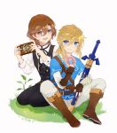  2boys :d :t black_pants black_ribbon black_vest blonde_hair blue_eyes blue_tunic boots brown_boots brown_hair crossover curtained_hair donut earrings eating fold-over_boots food food_on_face full_body grey_eyes hair_between_eyes highres holding holding_donut holding_food holding_phone holding_sword holding_weapon jewelry knees_up kotobuki_reiji layered_sleeves light_blush link long_hair long_sleeves looking_at_another looking_to_the_side low_ponytail male_focus mandarin_collar master_sword multiple_boys neck_ribbon on_grass pants phone pointy_ears ponytail ribbon seiza sheath sheathed shirt short_hair short_over_long_sleeves short_sleeves sidelocks sideways_glance simple_background sitting smile spread_legs sword the_legend_of_zelda the_legend_of_zelda:_breath_of_the_wild tunic uta_no_prince-sama vest weapon white_background white_pants white_shirt xue_ezi 