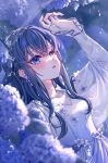  1girl blue_eyes blue_hair blurry blurry_foreground blush collarbone depth_of_field double-parted_bangs dress ear_flower flower hair_between_eyes hand_up highres jewelry long_eyelashes long_hair open_mouth original ring satori_suzuha sidelocks solo tearing_up twitter_username water_drop watermark white_dress 