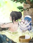  2girls absurdres back back_focus bath black_hair blue_hair colored_skin dungeon_ni_deai_wo_motomeru_no_wa_machigatteiru_darou_ka highres hug monster_girl multiple_girls nude official_art onsen pointy_ears rabbit steam tree wiene yamato_mikoto 
