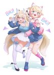  2girls absurdres animal_ear_fluff animal_ears asymmetrical_legwear atpoppet bandaid bandaid_on_leg blonde_hair blue_boots blue_camisole blue_eyes blue_hair blue_jacket blue_nails blush boots breasts camisole collarbone dog_ears dog_girl dog_tail full_body fuwawa_abyssgard fuwawa_abyssgard_(casual) hair_ornament highres hololive hololive_english jacket large_breasts looking_at_viewer mococo_abyssgard mococo_abyssgard_(casual) multicolored_hair multiple_girls official_alternate_costume open_mouth pink_eyes pink_hair pink_nails siblings simple_background sisters skirt smile socks streaked_hair tail thighhighs twins virtual_youtuber white_background white_skirt white_socks white_thighhighs x_hair_ornament 