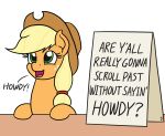  2019 applejack_(mlp) blonde_hair dialogue digital_media_(artwork) earth_pony english_text equid equine female feral flat_colors freckles friendship_is_magic furniture green_eyes hair hasbro horse leaning looking_up mammal mkogwheel my_little_pony open_mouth open_smile orange_body pony sign simple_background smile solo table talking_to_viewer text white_background 