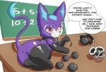 absurd_res battle_principal_yuumi bdsm bdsm_gear classroom classroom_desk dialogue domestic_cat drakkie eyewear felid feline felis female feral fur glasses hi_res league_of_legends looking_at_viewer mammal paws purple_body purple_fur riot_games school simple_background solo tail tencent toy yuumi_(lol)