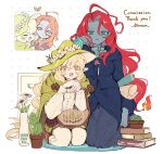  2girls blonde_hair blue_eyes book book_stack cactus cape closed_eyes closed_mouth colored_skin commission english_text fiery_hair flower_pot full_body green_cape green_hair grey_skin half-closed_eyes harp highres instrument long_hair looking_at_viewer medium_hair morning_(d0nteat) multiple_girls multiple_views orange_eyes original pointy_ears red_hair shirt skeb_commission white_shirt 