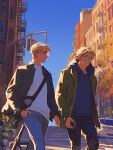  2boys ahoge america_(hetalia) apartment axis_powers_hetalia bag balcony black_bag black_jacket black_pants blonde_hair blue_eyes blue_hoodie blue_pants blue_sky building car cellphone city closed_mouth cowboy_shot day en_llll glasses green_eyes green_jacket grey-framed_eyewear hand_in_pocket highres holding holding_phone hood hoodie jacket jar lapels leaf long_sleeves looking_at_another male_focus motor_vehicle multiple_boys new_york_city open_clothes open_jacket outdoors pants phone plant puffy_long_sleeves puffy_sleeves road semi-rimless_eyewear shadow shirt short_hair sky smartphone smile t-shirt teeth traffic_light tree united_kingdom_(hetalia) walking white_shirt 