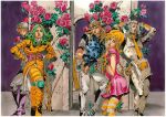  1girl 4boys araki_hirohiko argyle_clothes argyle_sweater belt belt_buckle blonde_hair blue_bridal_gauntlets blue_shirt blue_sleeves boots brown_eyes buckle cape coat cowboy_hat curly_hair diego_brando dress facial_hair flower funny_valentine gloves goatee goggles goggles_on_headwear green_hair grey_cape grey_gloves grey_hair grey_hat grey_helmet grey_pants grey_sleeves grey_sweater gyro_zeppeli hat helmet highres holster jojo_no_kimyou_na_bouken jojo_pose knee_pads long_coat long_hair long_sideburns long_sleeves looking_at_viewer lucy_steel multiple_boys mustache necktie official_art orange_belt orange_bridal_gauntlets orange_coat orange_lips orange_necktie pants pelvic_curtain pink_dress pink_flower pink_gloves pink_rose purple_boots rose shirt short_hair short_sleeves sideburns spurs steel_ball_(jojo) steel_ball_run striped_clothes striped_thighhighs sweater thighhighs traditional_media two-tone_sleeves wekapipo yellow_thighhighs 