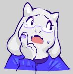 2025 2_horns anthro black_eyes blue_fingernails blue_nails bodily_fluids boss_monster_(undertale) bovid caprine clothed clothed_anthro clothed_female clothing colored_nails digital_drawing_(artwork) digital_media_(artwork) eyelashes eyewear female female_anthro fingernails flesh_fang floppy_ears fur glasses goat grey_background horn kardboardian looking_aside lop_ears mammal mature_anthro mature_female nails open_mouth pink_tongue simple_background solo sweat tongue toriel undertale_(series) white_body white_ears white_fur white_horn worried worried_face worried_look