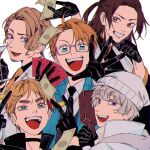  5boys ahoge america_(hetalia) axis_powers_hetalia banknote between_fingers black_choker black_gloves black_jacket black_necktie black_shirt blonde_hair blue_eyes blue_jacket bottle brown_eyes brown_hair card changpao china_(hetalia) chinese_clothes choker coin collared_shirt commentary_request cup down_jacket drink drinking_glass facial_hair france_(hetalia) from_side fur-trimmed_jacket fur_trim glasses gloves gold_coin green_eyes grey-framed_eyewear grey_hair hair_between_eyes hands_up hat holding holding_bottle holding_card holding_cup holding_money jacket lapels leather leather_gloves long_hair looking_at_viewer low_ponytail male_focus money multicolored_hair multiple_boys necktie official_alternate_costume open_clothes open_jacket open_mouth orange_necktie playing_card ponytail purple_eyes purple_vest red_hair russia_(hetalia) saiki_illust2 scarf semi-rimless_eyewear shirt short_hair simple_background smile streaked_hair suit suit_jacket teeth united_kingdom_(hetalia) upper_body v v-shaped_eyebrows vest white_background white_hat white_jacket white_scarf white_shirt wide_sleeves 