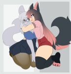 accessory animal_humanoid anthro bangs big_breasts big_ears blue_eyes bottomwear breast_squish breasts canid canid_humanoid canine canine_humanoid canis carrie_the_chinchilla chinchilla chinchillid claws cleavage clothed clothing duo ear_tuft eye_contact eyewear female female/female fluffy fluffy_tail fur glasses grey_body grey_fur hair hair_accessory hair_tie happy hi_res hug humanoid kami-chan kami_(kami-chan) leggings legwear long_hair long_tail looking_at_another mammal mammal_humanoid miniskirt multicolored_hair pawpads raised_tail rodent short_sleeved_shirt short_sleeves skirt squish stockings tail tuft two_tone_hair wolf wolf_humanoid