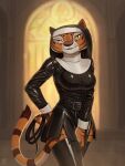 anthro bedroom_eyes belt breasts church clothed clothing digital_media_(artwork) dreamworks felid female fur hacatiko half-closed_eyes hi_res holding_object holding_whip inside kung_fu_panda latex latex_clothing latex_legwear latex_stockings legwear looking_at_viewer mammal master_tigress narrowed_eyes nun_habit nun_outfit orange_body pantherine religious_clothing seductive smile solo standing stockings stripes tail tiger topwear whip