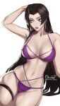  arm_behind_head bikini black_hair breasts cleavage collarbone commentary earrings english_commentary highres hoop_earrings jewelry large_breasts lipstick long_hair makeup marvel marvel_rivals navel orouu parted_bangs psylocke purple_bikini purple_eyes signature swimsuit thigh_strap very_long_hair x-men 