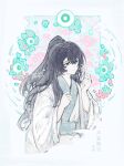  1boy :| black_eyes blue_eyes blue_flower border chinese_clothes closed_mouth dandelion eyeball falling_petals flower hair_between_eyes hair_over_shoulder hanfu heterochromia high_ponytail highres holding holding_flower hong_lu_(project_moon) kalliope_orc limbus_company male_focus ornate_border petals ponytail project_moon purple_hair solo upper_body white_hanfu wide_sleeves 