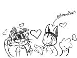 2021 ambiguous_gender anthro beanie black_and_white character_name clothed clothed_anthro clothing digital_drawing_(artwork) digital_media_(artwork) domestic_cat duo eyewear felid feline felis furgonomic_beanie gesture glasses half-closed_eyes hand_gesture hat headgear headwear heart_symbol hi_res jinu_(character) male_(lore) mammal monochrome mouse murid murine narrowed_eyes pants_juice rodent shirt t-shirt text thumbs_up topwear wearing_glasses xtremersadiq_(character)
