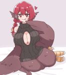  1girl absurdres animal_ears bare_shoulders bird_ears bird_legs bird_tail black_sweater blush borrowed_character braid breasts bright_pupils brown_feathers brown_wings center_opening cleavage commentary_request feather_fingers feathers fio-chan_(big_o_pants) harpy heart highres large_breasts licking_lips long_hair looking_at_viewer monster_girl nikukabe original red_eyes red_hair solo sweater tail talons tongue tongue_out virgin_killer_sweater white_pupils winged_arms wings 