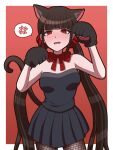  1girl anger_vein animal_ears animal_hands bangs bare_shoulders black_shirt black_skirt blush border bow bowtie breasts brown_hair cat_ears cat_girl cat_paws cat_tail collarbone commentary_request cowboy_shot danganronpa_(series) danganronpa_v3:_killing_harmony dress fang fishnet_pantyhose fishnets harukawa_maki highres low_twintails medium_breasts miniskirt mole mole_under_eye official_alternate_costume open_mouth pantyhose paw_pose pleated_skirt red_background red_bow red_bowtie red_eyes shiny shiny_hair shirt skirt solo spoken_anger_vein strapless strapless_dress suiren_yurei tail twintails white_border 