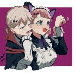  2girls alternate_hairstyle animal_ears aoba_moca bang_dream! bat_(animal) bat_hair_ornament black_nails blue_eyes blush cat_ear_hairband coldcat. fake_animal_ears fang green_eyes grey_hair hair_ornament highres maid maid_headdress medium_hair multiple_girls open_mouth pink_hair ribbon short_hair short_ponytail side_ponytail sweat uehara_himari upper_body vampire 