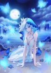  1girl arm_support armlet black_flower blake_bloom_(wuthering_waves) blue_butterfly blue_dress blue_eyes blue_hair blue_veil breasts bug butterfly closed_mouth commentary dress flower full_moon hair_between_eyes highres jewelry large_breasts long_hair looking_at_viewer moon naemi_fay night night_sky outdoors shore shorekeeper_(wuthering_waves) signature sitting sky sleeveless sleeveless_dress smile solo two-tone_veil veil white_veil wuthering_waves yokozuwari 