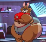 absurd_res anthro bedroom big_breasts big_butt breasts buckteeth butt clothing distressed eyewear female glasses hi_res lagomorph leporid mammal obese overweight overweight_female panties rabbit scared solo tearing_clothing teeth thick_thighs torn_clothing underwear unicorngore