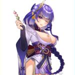  1girl 41008030 absurdres artist_name back_bow blunt_bangs blush bow braid breasts breasts_out bridal_gauntlets clothing_cutout commentary_request dango fan_hair_ornament flower food from_side genshin_impact gradient_hair hair_flower hair_ornament hair_ribbon hand_up head_tilt highres holding holding_food japanese_clothes kimono large_breasts long_braid long_hair looking_at_viewer looking_down mitsudomoe_(shape) mole mole_under_eye multicolored_hair neck_ribbon off_shoulder one_eye_closed open_mouth panties pink_lips puffy_nipples purple_eyes purple_flower purple_hair purple_kimono purple_nails purple_ribbon raiden_shogun red_ribbon red_sash ribbon sash shade shaded_face shoulder_cutout simple_background single_braid solo standing streaked_hair sweets thighs tomoe_(symbol) underwear wagashi white_background 