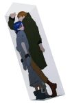  2boys blue_hair box brown_hair coat colored_inner_hair cramped full_body gloves green_eyes gundam gundam_gquuuuuux highres in_box in_container kinkokin_(haikinkinhai) lower_eyelashes_only male_focus mole mole_under_mouth multicolored_hair multiple_boys pants purple_hair red_eyes shirt short_hair shuji_ito standing stuck stuck_in_a_box sweatdrop trapped two-tone_hair white_shirt xavier_olivette 