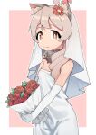  1girl absurdres ahoge animal_ear_fluff animal_ears araimelon bare_shoulders border bouquet breasts bridal_veil bride brown_eyes dress elbow_gloves flower fur_collar gloves hair_flower hair_ornament hair_over_shoulder highres holding holding_bouquet long_hair looking_at_viewer onii-chan_wa_oshimai! outline outside_border oyama_mahiro pink_background pink_hair small_breasts smile solo strapless strapless_dress veil wedding_dress white_border white_dress white_gloves white_outline 