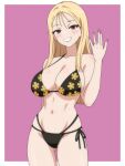  absurdres arm_behind_back ass_visible_through_thighs bikini black_bikini blonde_hair blush breasts brown_hair cleavage collarbone cowboy_shot dani_(angrymatthew) floral_print_bikini hair_between_eyes hand_up highres jewelry kitagawa_marin large_breasts lipstick long_bangs long_hair looking_at_viewer makeup nail_polish navel pink_lips pink_nails ribbon-trimmed_bikini ribbon_trim ring smile solo sono_bisque_doll_wa_koi_wo_suru standing swimsuit teeth thighs wedding_ring 