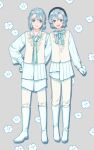  2boys :d aqua_bow aqua_bowtie aqua_necktie ayuming beret black_hat boots bow bowtie brothers closed_mouth collared_shirt curtained_hair eugene_alexandrovich_romano floral_background frilled_bowtie full_body gloves green_eyes grey_background grey_hair hair_between_eyes hand_on_another&#039;s_back hat ivan_alexandrovich_romano knee_boots long_shirt long_sleeves looking_at_viewer male_focus multiple_boys necktie oushitsu_kyoushi_heine pants ponytail shirt short_hair short_ponytail siblings sidelocks smile standing straight-on twins untucked_shirt vest wavy_hair white_boots white_gloves white_shirt yellow_pants yellow_vest 