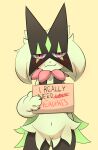  anthro bedroom_eyes blush english_text featureless_crotch female front_view generation_9_pokemon hi_res holding_object holding_sign klydewitakay looking_at_viewer meowscarada narrowed_eyes navel nintendo nude petting_request pokemon pokemon_(species) requesting scratched_out_text seductive sex_request sign simple_background solo standing text 