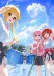  4girls absurdres ahoge aqua_eyes barefoot black_ribbon black_undershirt blonde_hair blue_hair blue_sky blush bocchi_the_rock! bow bowtie breasts bucket bucket_of_water cardigan cardigan_around_waist cleaning_pool closed_mouth clothes_around_waist cloud cloudy_sky collared_shirt commentary_request cube_hair_ornament day double-parted_bangs embarrassed expressionless feet_out_of_frame fence gotoh_hitori green_eyes grey_skirt hair_ornament hairclip hands_up highres holding holding_bucket holding_hose holding_mop hose ijichi_nijika iron_fence jacket kessoku_band kita_ikuyo large_breasts layered_sleeves lens_flare long_hair long_sleeves looking_at_viewer medium_breasts mole mole_under_eye mop multiple_girls neck_ribbon one_side_up open_mouth orange_eyes outdoors parallel_hairclips parted_bangs pink_bow pink_bowtie pink_cardigan pink_jacket pleated_skirt pool posing rainbow raised_inner_eyebrows red_hair ribbon rissenka school_uniform shimokitazawa_high_school_uniform shirt short_hair short_over_long_sleeves short_sleeves shuka_high_school_uniform side_ponytail skirt sky smile sparkle standing straight_hair sunlight track_jacket tree v water wavy_mouth white_shirt wide_shot wispy_bangs yamada_ryo 