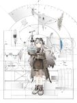  1girl absurdres arrow_(symbol) bare_shoulders belt belt_buckle black_belt brown_coat brown_gloves brown_skirt buckle chinese_commentary closed_mouth clothing_cutout coat commentary_request engineer feathers full_body gloves goggles goggles_on_head grey_hair highres holding jixing long_hair long_sleeves looking_up math open_clothes open_coat original pencil_skirt physics pink_eyes shoulder_cutout skirt smile solo standing thigh_belt thigh_strap turtleneck zipper zipper_pull_tab 