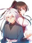  1boy 1girl absurdres belt breasts brown_eyes brown_hair closed_mouth commentary gabimaru high_ponytail highres japanese_clothes jigokuraku long_hair medium_breasts nyaa_(nnekoron) obi ponytail red_sash sash short_hair simple_background white_background white_belt white_hair yamada_asaemon_sagiri 