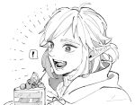  ! 1boy blush cake cake_slice cape commentary_request earrings food fruit greyscale happy highres holding holding_plate jewelry link long_pointy_ears looking_at_food male_focus monochrome open_mouth piercing plate pointy_ears ponytail saliva short_ponytail simple_background single_earring solo sparkling_eyes speech_bubble spoken_exclamation_mark teeth teto_ten the_legend_of_zelda the_legend_of_zelda:_breath_of_the_wild turtleneck upper_body white_background 