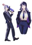  1boy 1girl absurdres alternate_costume black_pants black_shoes black_suit blood blood_on_face blood_on_weapon blood_splatter blue_hair blue_pupils blunt_bangs business_suit chainsaw chinese_commentary closed_mouth collared_jacket collared_shirt couple from_side genshin_impact hair_between_eyes hand_in_pocket hands_in_pockets highres holding holding_chainsaw holding_weapon jacket kamisato_ayato light_smile long_hair long_sleeves looking_at_viewer looking_to_the_side mole mole_under_eye mole_under_mouth necktie open_clothes open_jacket pants purple_eyes raiden_shogun shade shirt shoes short_hair simple_background standing suit suit_jacket walking weapon white_background white_shirt zai_aoye_wo_shi_gou 