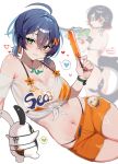  2girls absurdres ahoge ass bangboo_(zenless_zone_zero) belle_(zenless_zone_zero) bikini bikini_under_clothes black_bikini black_hair blue_hair blue_nails breasts closed_mouth colored_inner_hair commentary crop_top crossed_bangs ellen_joe english_commentary eous_(zenless_zone_zero) fingernails fins fish_tail food green_eyes hair_between_eyes hair_ornament heart highleg highleg_bikini highres holding holding_food holding_popsicle large_breasts long_fingernails looking_at_viewer low_twintails multicolored_hair multiple_girls nail_polish navel noodychaan off-shoulder_shirt off_shoulder official_alternate_costume orange_bikini orange_shorts patreon_logo patreon_username popsicle red_eyes red_hair see-through_clothes see-through_shirt shark_girl shark_tail shiny_skin shirt shorts sitting solo_focus spoken_heart swimsuit tail tied_shirt twintails twitter_username two-tone_hair white_shirt yokozuwari zenless_zone_zero 