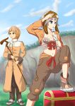  1boy 1girl acolyte_(ragnarok_online) blonde_hair blue_eyes blue_sky boots bow bow_bra bra breasts brown_coat brown_eyes brown_jacket brown_pants brown_shoes brown_shorts cassock cleavage coat commentary_request day full_body fur-trimmed_boots fur_trim goggles goggles_on_head grey_hair highres holding holding_staff jacket kurohachiboku long_sleeves looking_afar open_mouth outdoors pants ragnarok_online red_bow shoes short_hair shorts shrug_(clothing) sky small_breasts staff thief_(ragnarok_online) treasure_chest underwear white_bra 